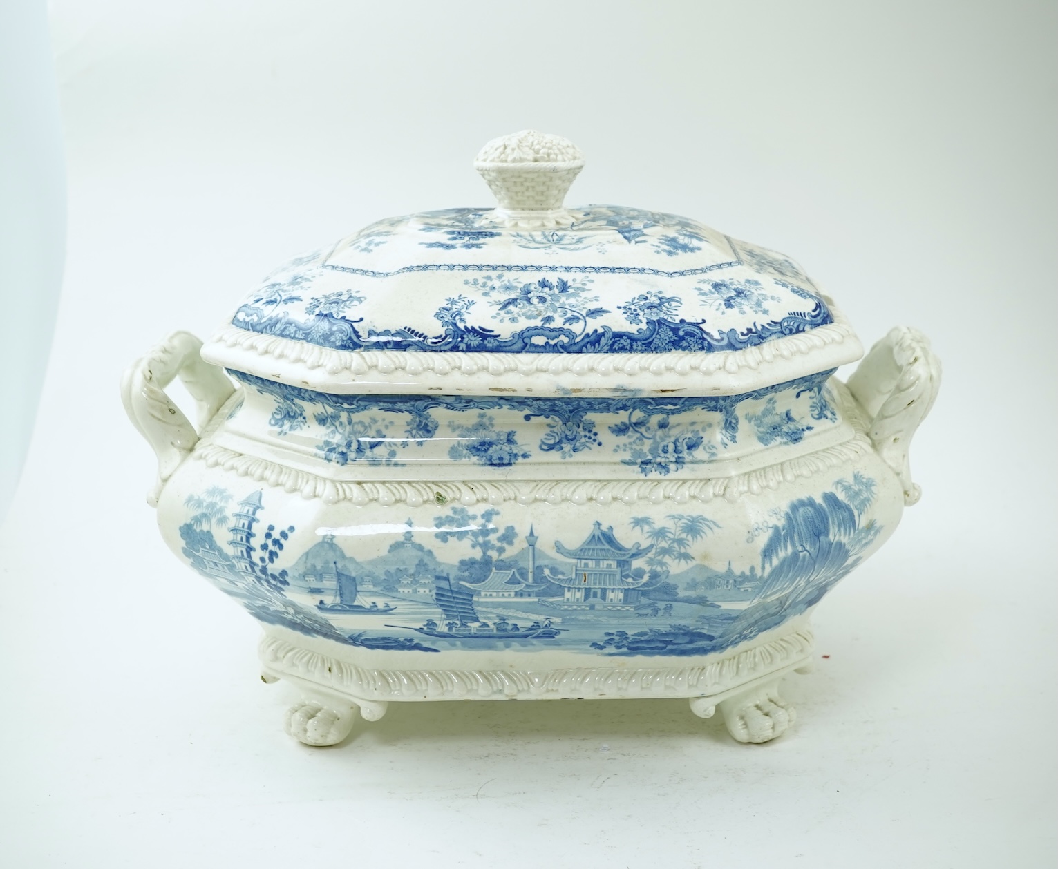 A large Staffordshire blue and white Chinese Marine pattern soup tureen, mid 19th century